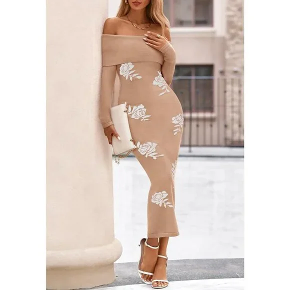 Women Off Shoulder Bodycon Sweater Dress Long Sleeve Party Midi Dress Khaki - Picture 5 of 9